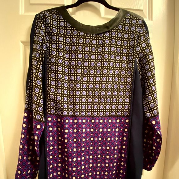 Graphic Print Long Sleeve Dress with Faux Leather Neckline - Picture 1 of 4